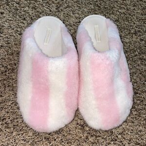 Victoria’s Secret Pink and White Stripe Fuzzy Slippers